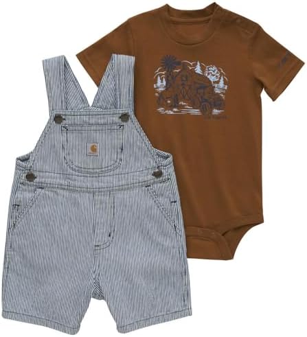 Carhartt Kid's CG8919 Short-Sleeve Bodysuit and Ticking Stripe Shortall Set - B - 18 Months - Dark Indigo Ticking Stripe Carhartt