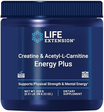 Life Extension Creatine Acetyl-L-Carnitine Energy Plus, Energy Support Supplement, creatine monohydrate, Acetyl-L-carnitine, Gluten-Free, Non-GMO, Vegetarian, 30 Servings Life Extension