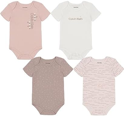 Calvin Klein Baby Girls 4-Pack Short Sleeve Bodysuit, Everyday Casual Wear, Ultra-Soft & Comfortable Fit, Egret/Heavenly Pink/Sepia Rose/Sphinx Calvin Klein