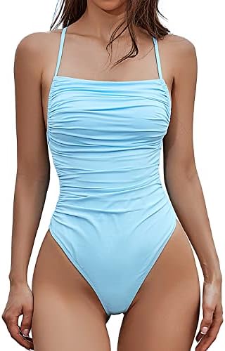 QINSEN Womens Spaghetti Strap Ruched Front Lace Up Back Cheeky Thong One Piece Swimsuit QINSEN