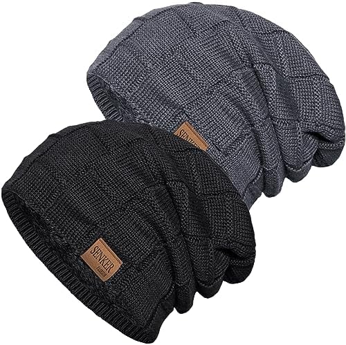 2 Pack Slouchy Beanie Winter Hats for Men and Women, Thick Warm Oversized Knit Cap Senker Fashion