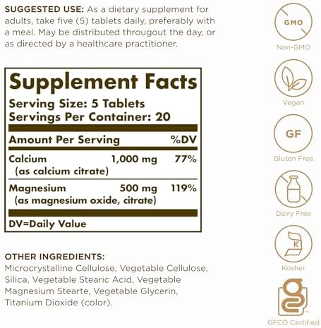 Solgar Calcium Magnesium Citrate - 100 Tablets, Pack of 2 - Non-GMO, Vegan, Gluten Free, Kosher - 40 Total Servings Solgar