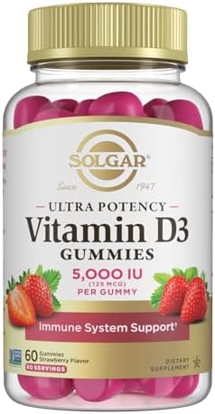 Solgar Vitamin D3 Gummies for Adults 5,000IU Ultra Potency Vitamin Immune System Support for Women & Men - Tasty Strawberry Flavor, Gluten & Gelatin Free Gummy, 2 Month Supply, 60 Servings, 2g Sugar Solgar