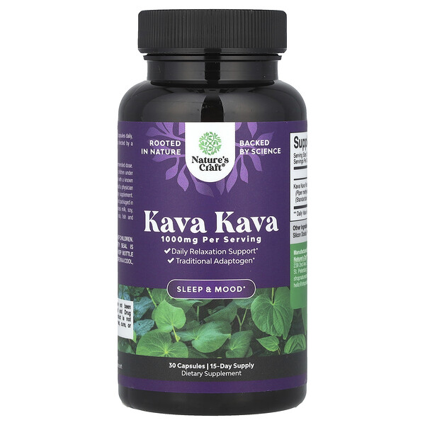 Kava Kava 1000 мг, 30 капсул (по 500 мг в капсуле) для расслабления Nature's Craft