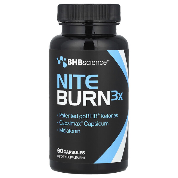 BHB Science™, Nite Burn 3X, 60 капсул с кетонами goBHB™ и мелатонином Real Ketones