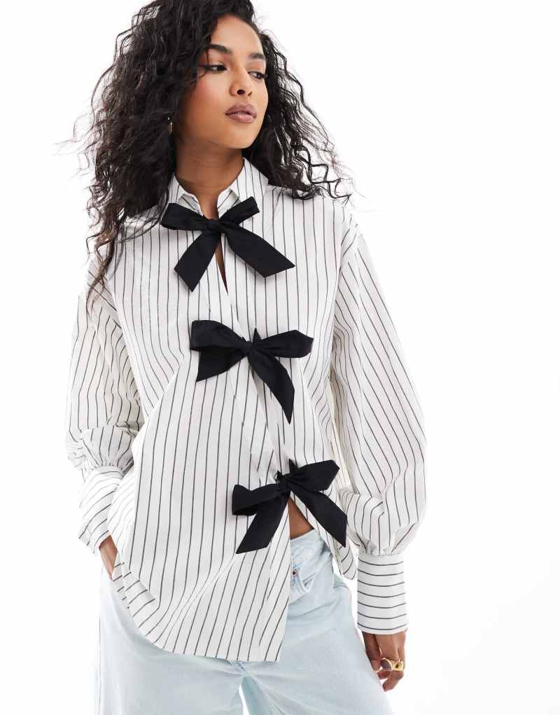 ASOS DESIGN bow detail shirt in black & white stripe ASOS DESIGN