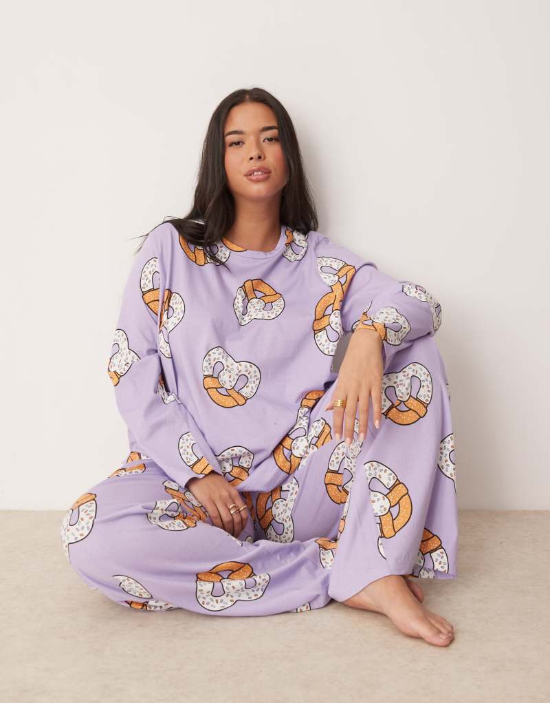 ASOS DESIGN Curve pretzel long sleeve top & pants pajama set in lilac ASOS Curve