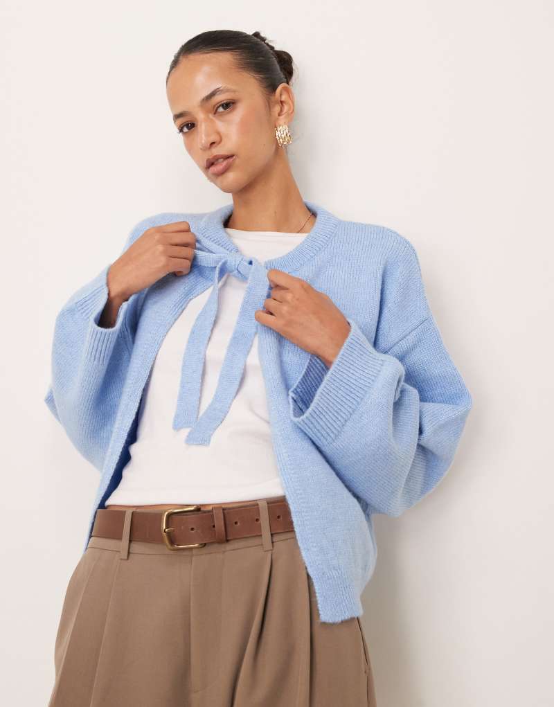 ASOS DESIGN open cardigan with bow tie neck in blue ASOS DESIGN