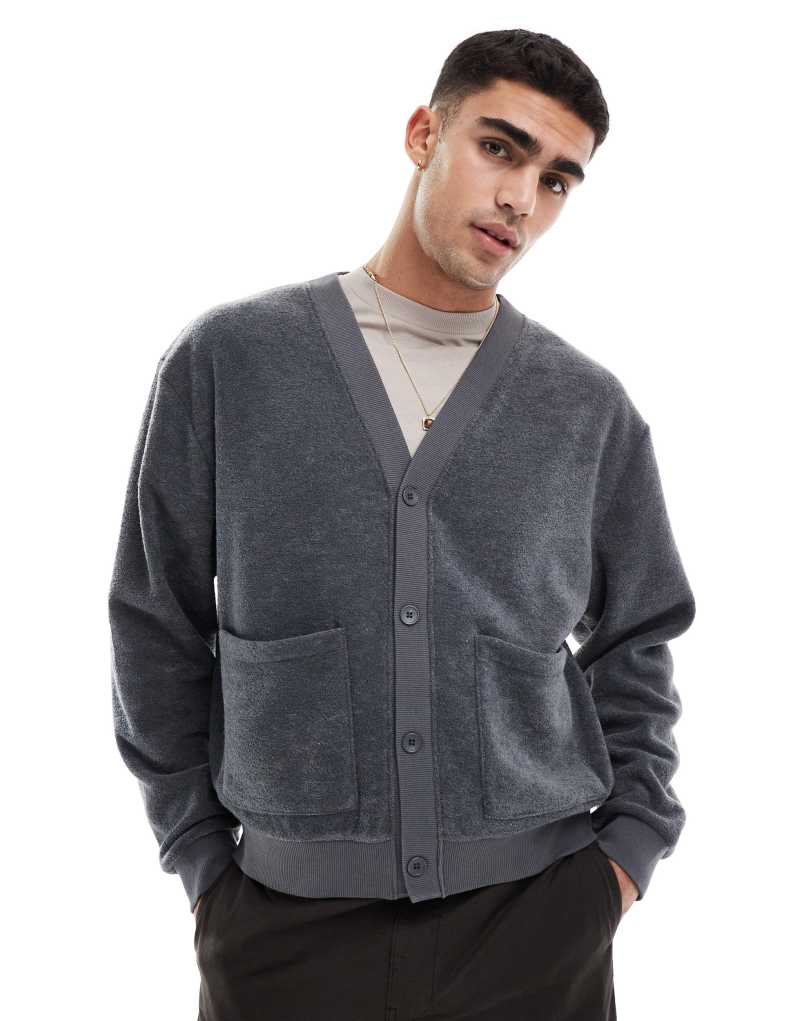 ASOS DESIGN oversized boxy towelling cardigan in gray ASOS DESIGN