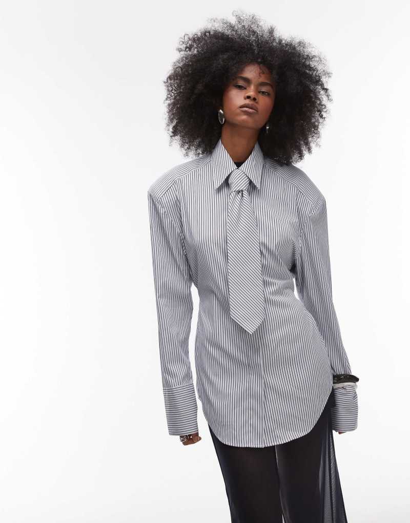 ASOS DESIGN oversized cinch waist shirt with tie in black pinstripe ASOS DESIGN