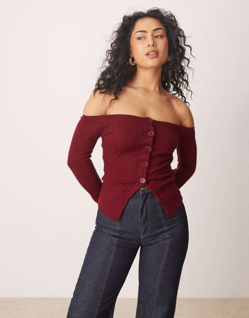 ASOS DESIGN off shoulder cardigan in burgundy ASOS DESIGN