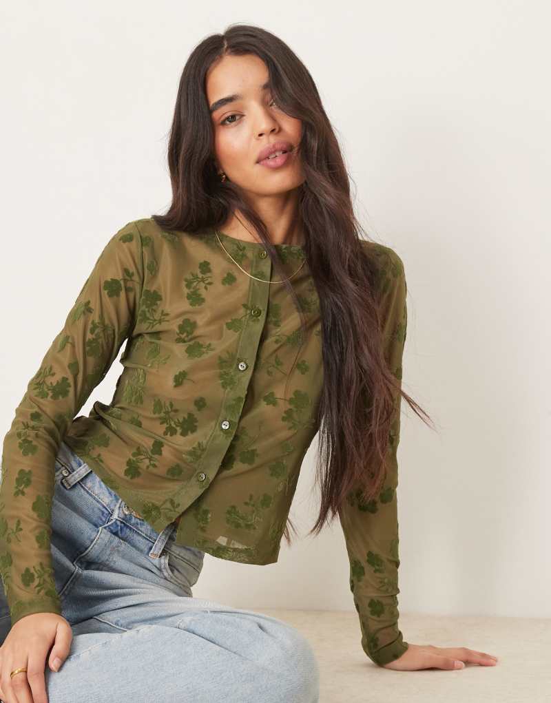 ASOS DESIGN flocked shrunken cardigan in olive ASOS DESIGN