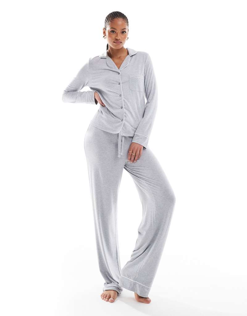 ASOS DESIGN Tall super soft long sleeve shirt & pants pajama set with contrast piping in gray heather ASOS Tall