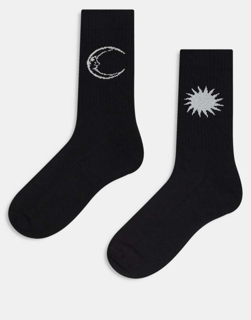 ASOS DESIGN 2-pack socks with sun and moon embroidery in black ASOS DESIGN