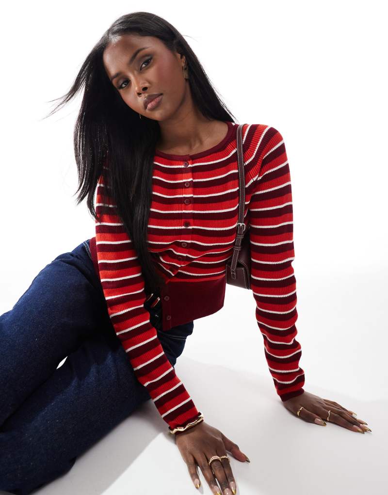 ASOS DESIGN knitted crew neck cardigan in red stripe ASOS DESIGN