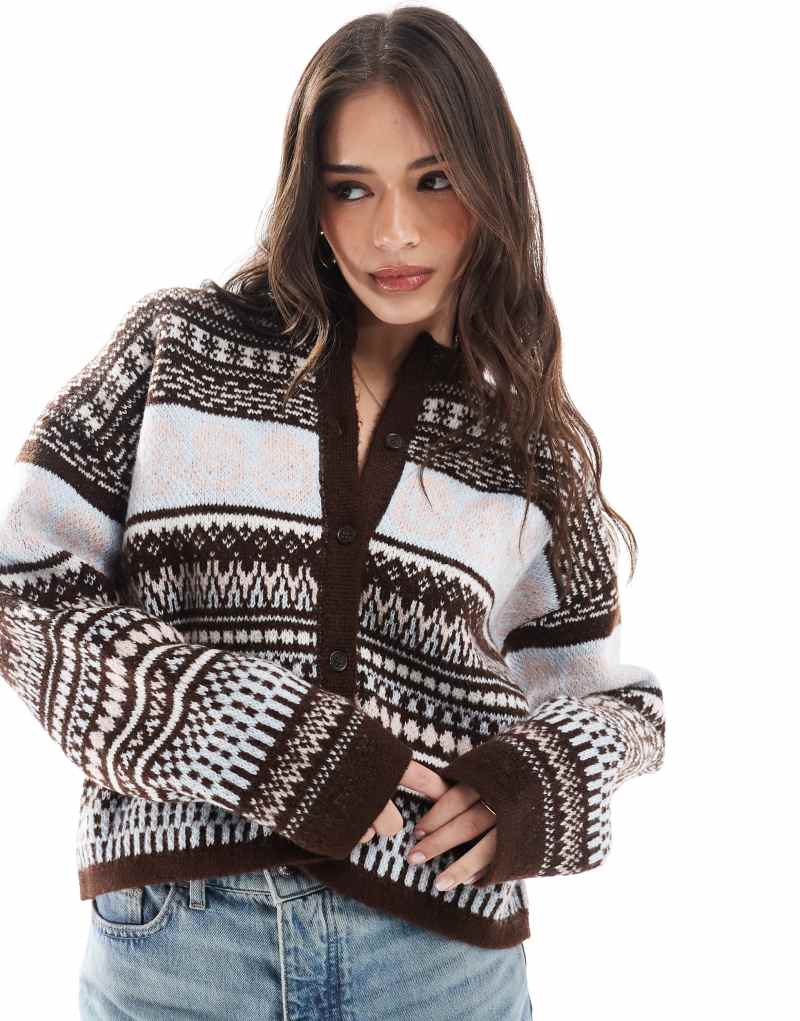 ASOS DESIGN fluffy knit Fair Isle cardigan in brown ASOS DESIGN