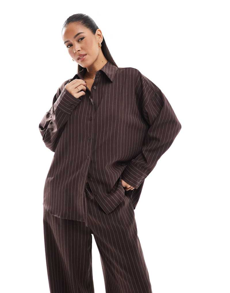 ASOS DESIGN tailored oversized shirt in chocolate pinstripe - part of a set ASOS DESIGN