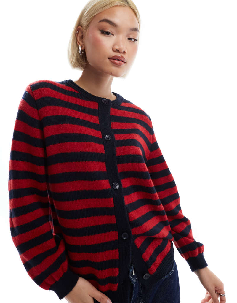 ASOS DESIGN knit fluffy cardigan in blurred navy and red stripe ASOS DESIGN