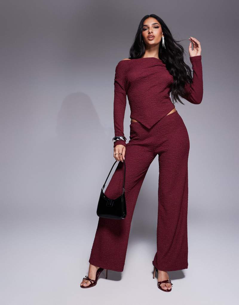 ASOS DESIGN textured wide leg pants in burgundy - part of a set ASOS DESIGN