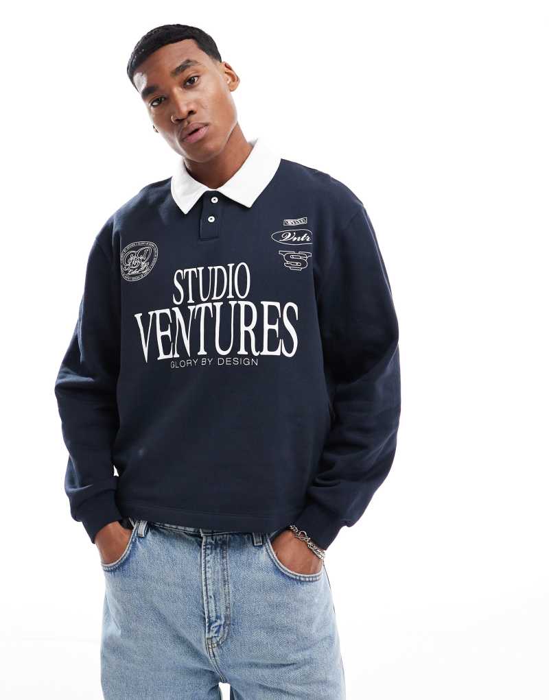 ASOS DESIGN oversized polo sweatshirt with print in navy ASOS DESIGN