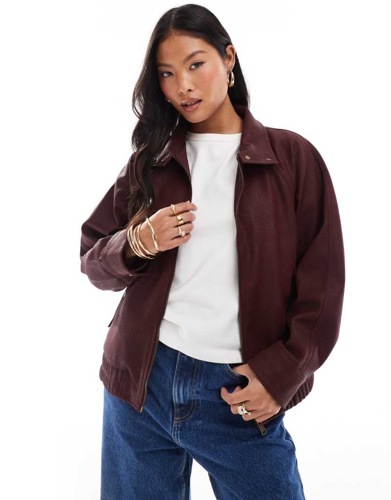 ASOS DESIGN Petite leather look bomber jacket in burgundy ASOS Petite