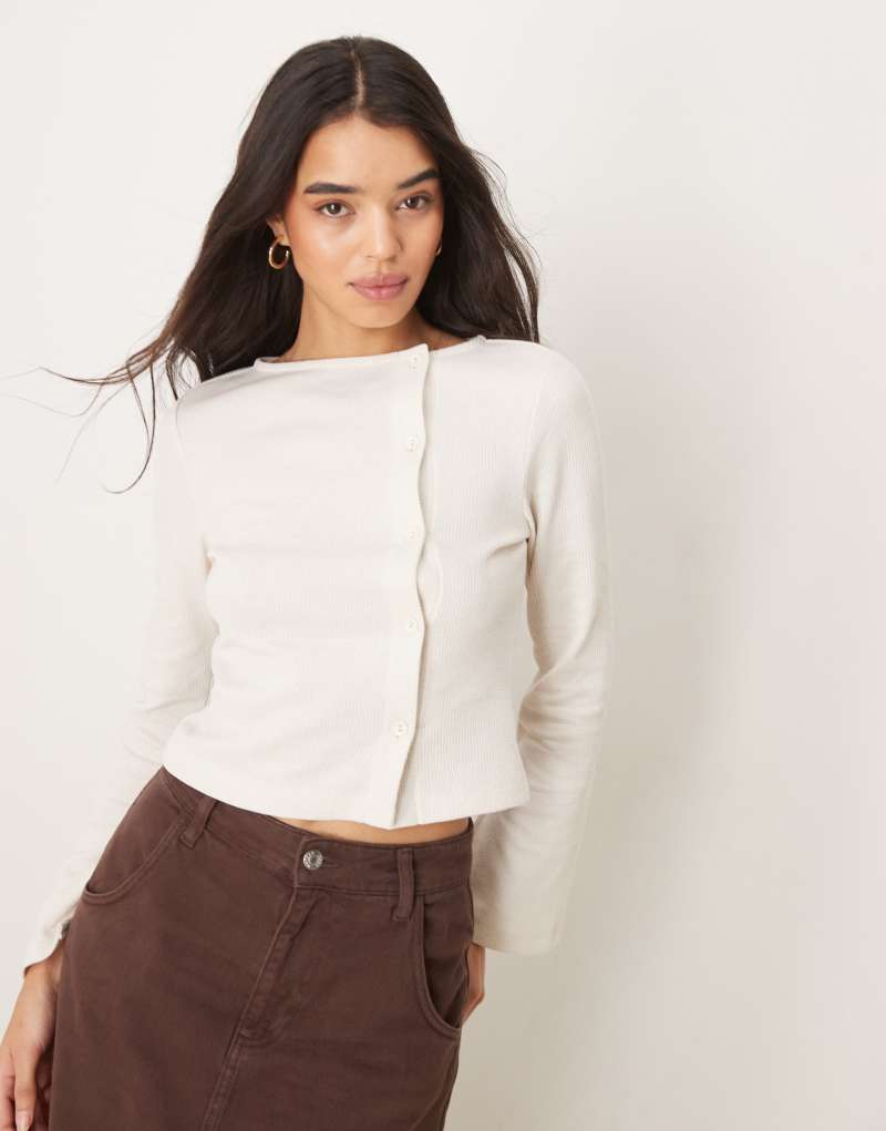 ASOS DESIGN button through flare sleeve waffle top in brown ASOS DESIGN