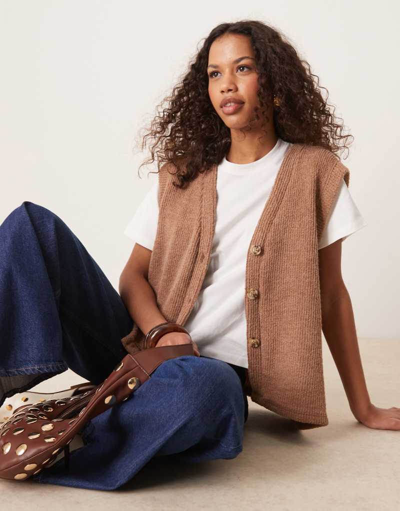 ASOS DESIGN 2 in 1 T-shirt and fluffy boucle cardigan in brown ASOS DESIGN