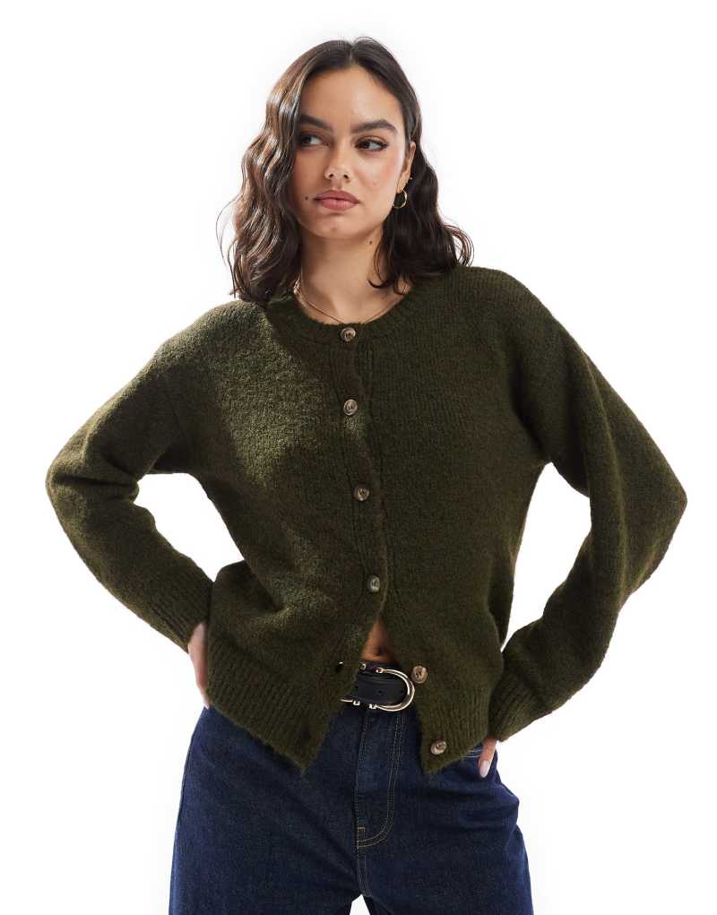 ASOS DESIGN wool blend fluffy knit crew neck cardigan in dark green  ASOS DESIGN