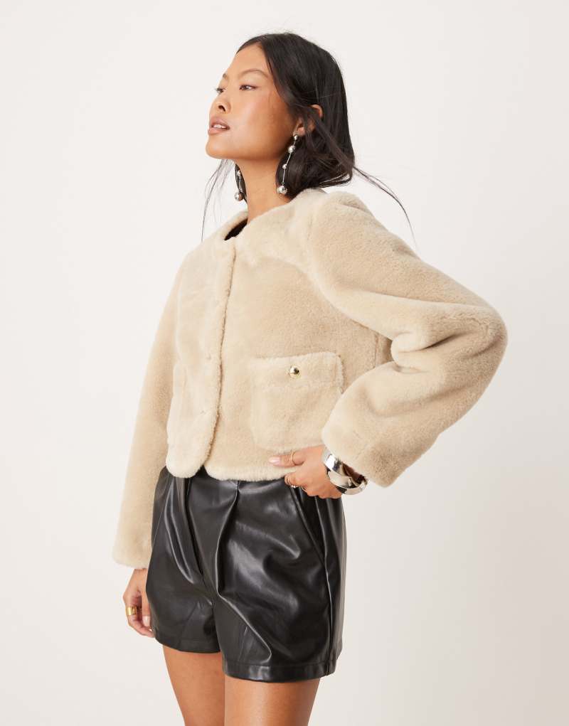 ASOS DESIGN Petite collarless bonded borg jacket in cream ASOS Petite