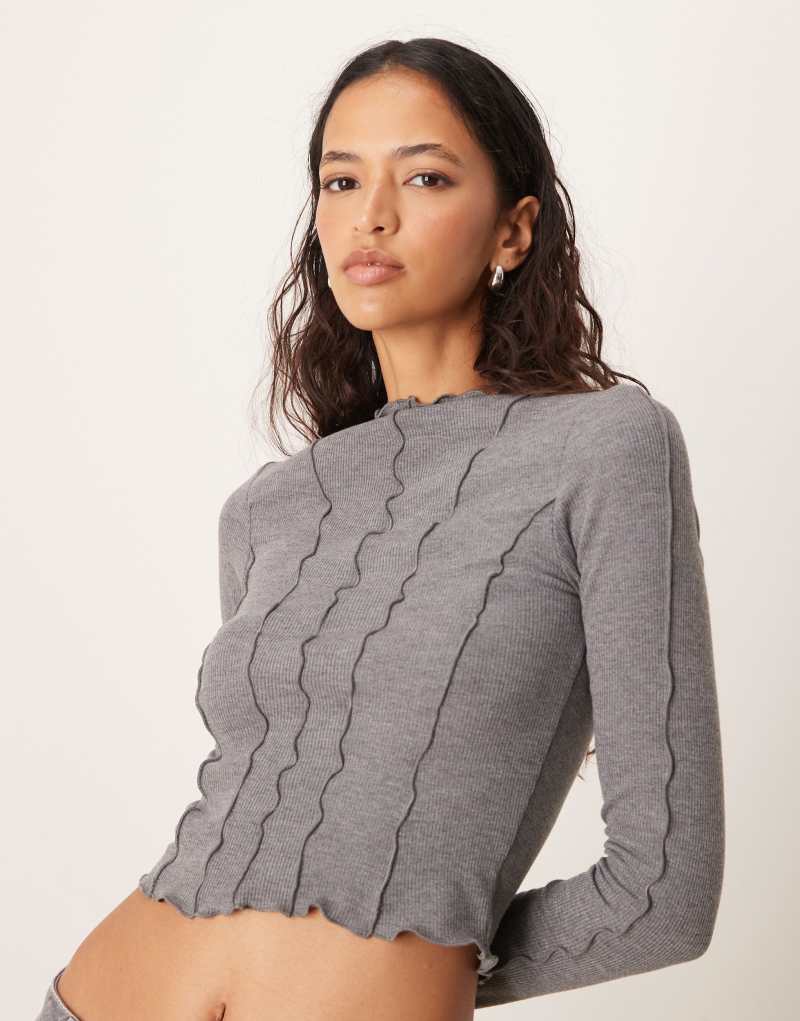 ASOS DESIGN spliced rib high neck flute sleeve top in gray ASOS DESIGN