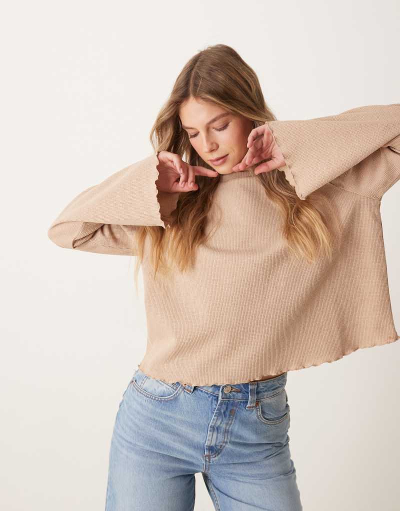 ASOS DESIGN waffle wide sleeve top in ecru ASOS DESIGN