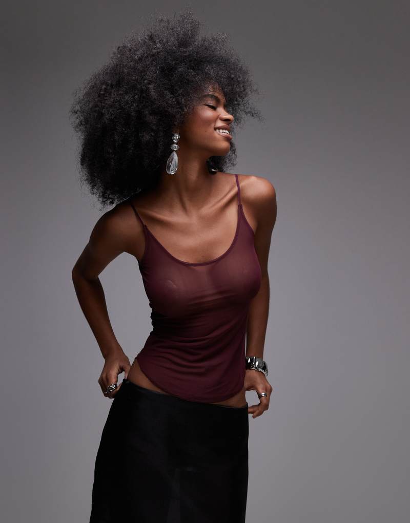 ASOS DESIGN scoop neck mesh cami in burgundy ASOS DESIGN