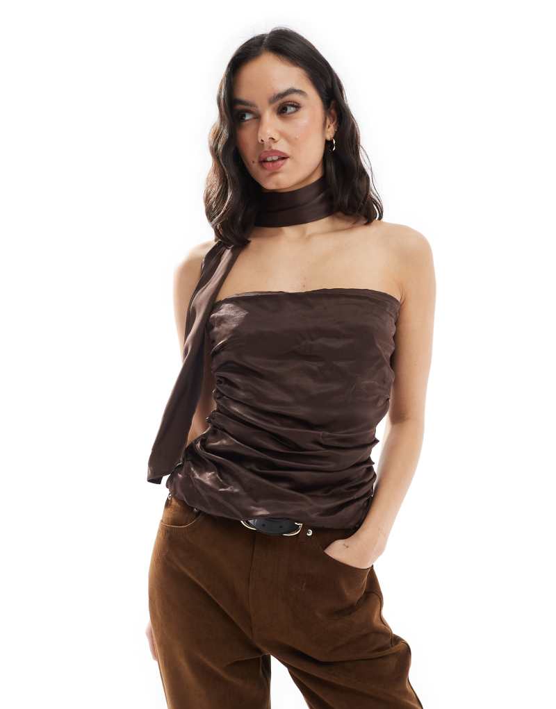 ASOS DESIGN satin top with neck tie detail in brown ASOS DESIGN