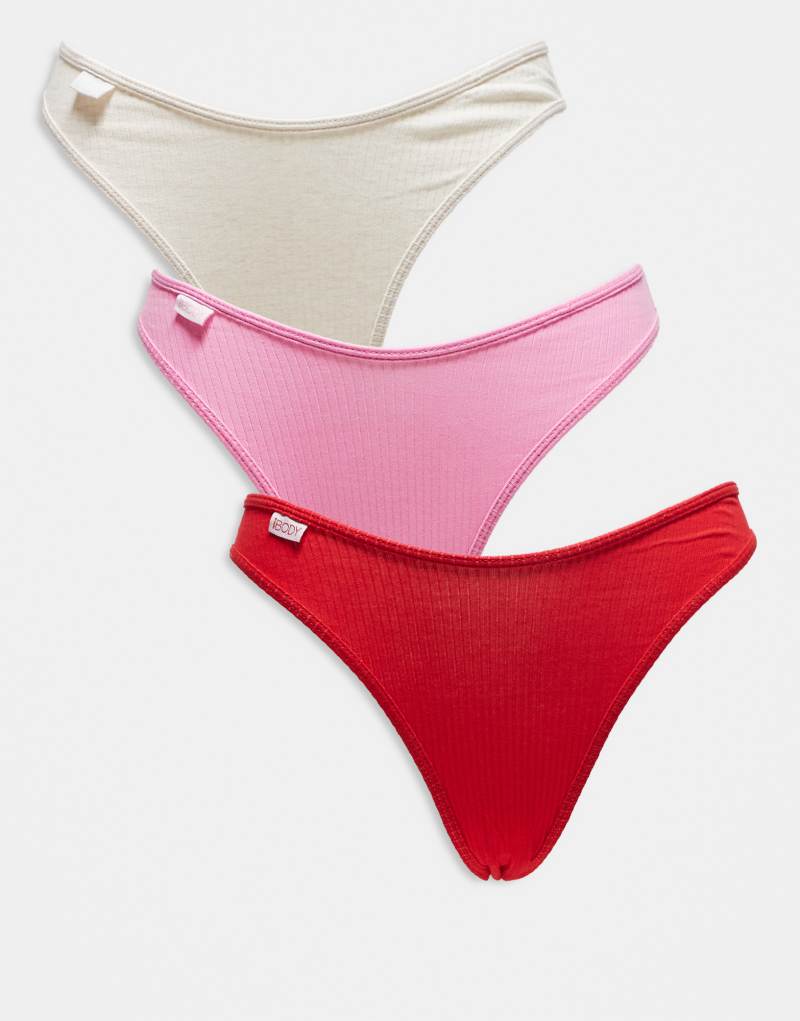 Cotton On 3-pack cotton rib cheeky briefs in red/pink/brown COTTON ON