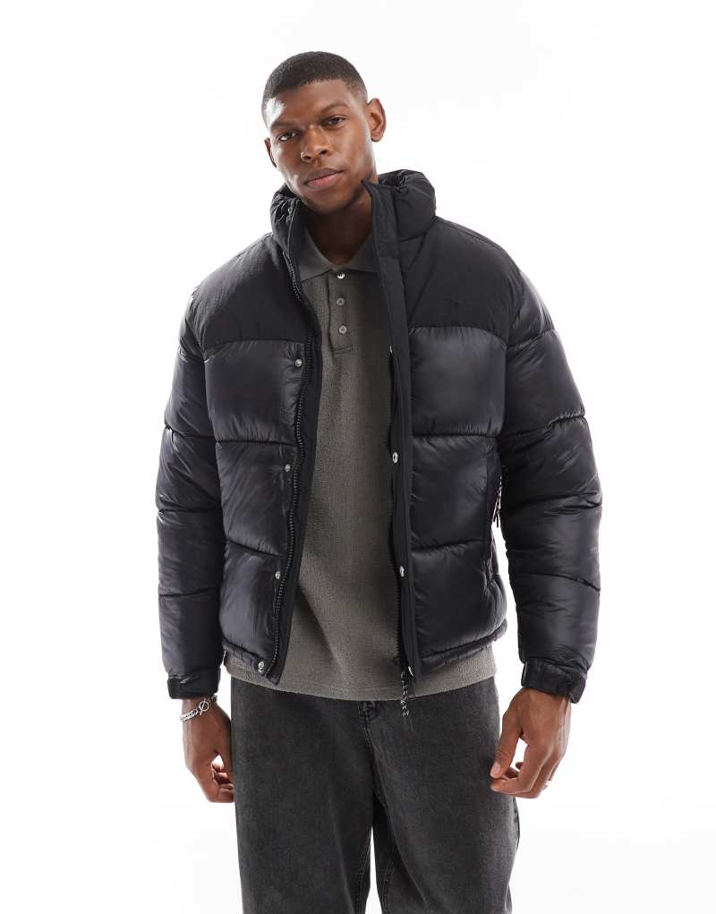 Jack & Jones high shine nylon block puffer jacket in black  Jack & Jones