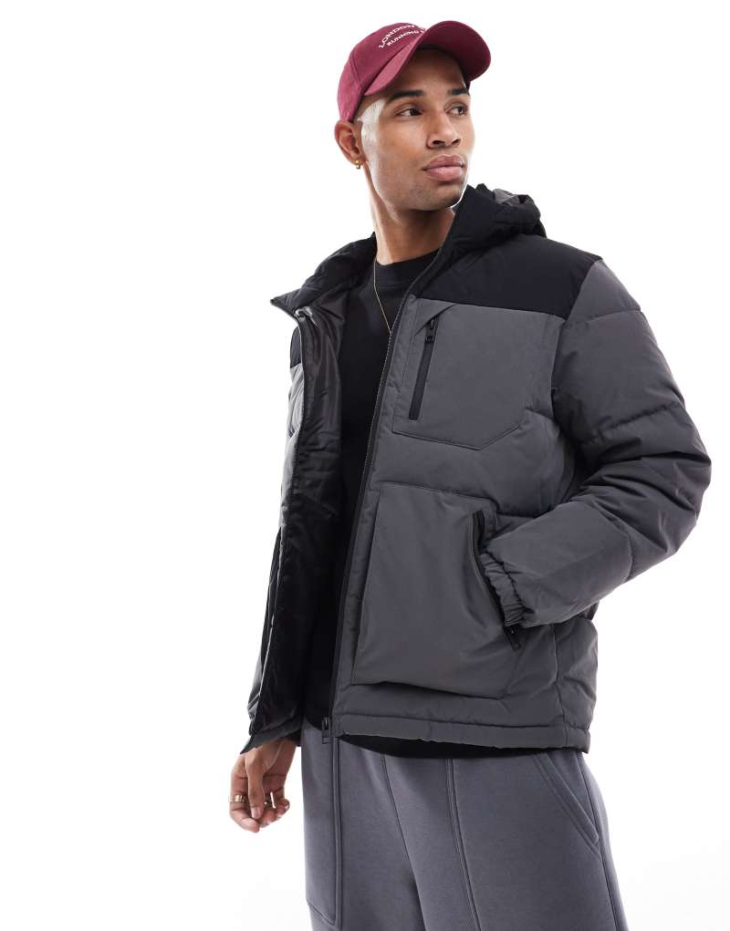 Jack & Jones color block puffer jacket in dark gray & black Jack & Jones