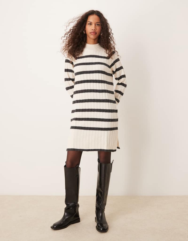 JDY high neck knitted dress in black and beige stripes JDY