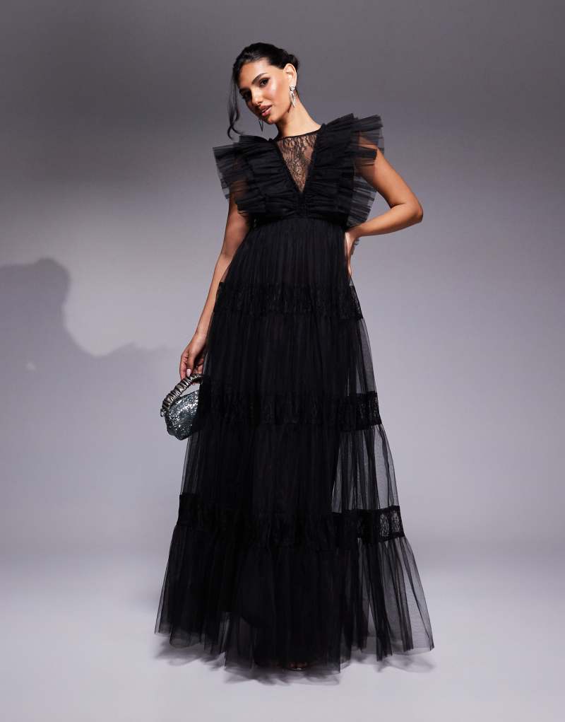 Lace & Beads lace insert tulle maxi dress in black LACE & BEADS