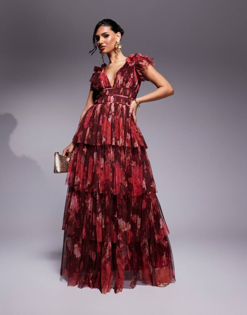 Lace & Beads ruffle shoulder tiered maxi dress in deep red rose LACE & BEADS