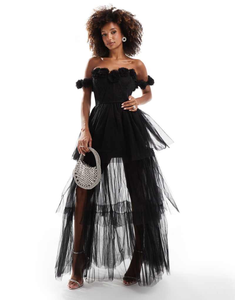 Lace & Beads rosette corset maxi dress in black LACE & BEADS