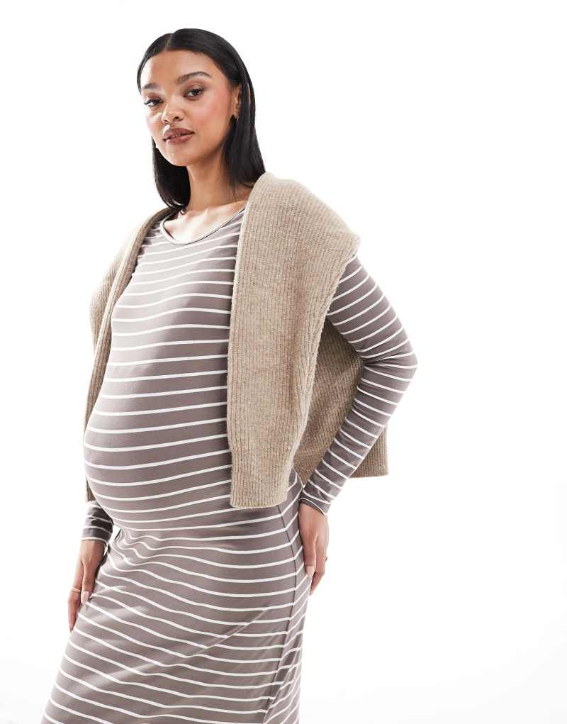 Mamalicious Maternity long sleeved jersey maxi dress in taupe stripe MAMALICIOUS