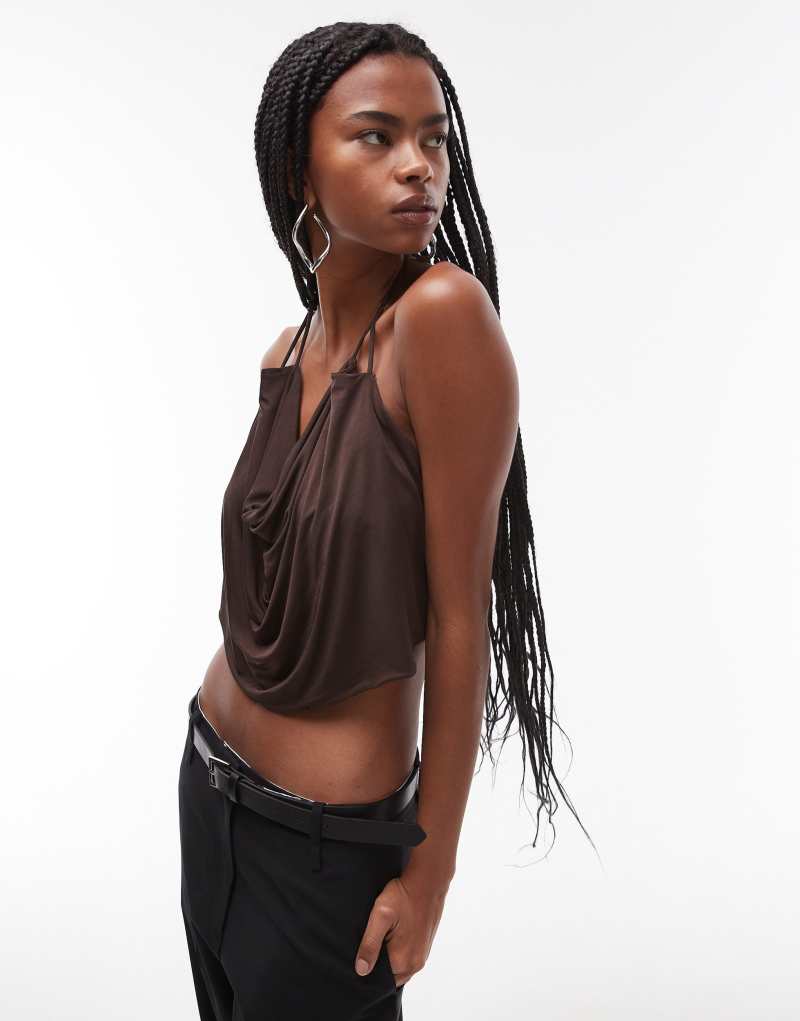 Mango halterneck floaty top in dark brown MANGO