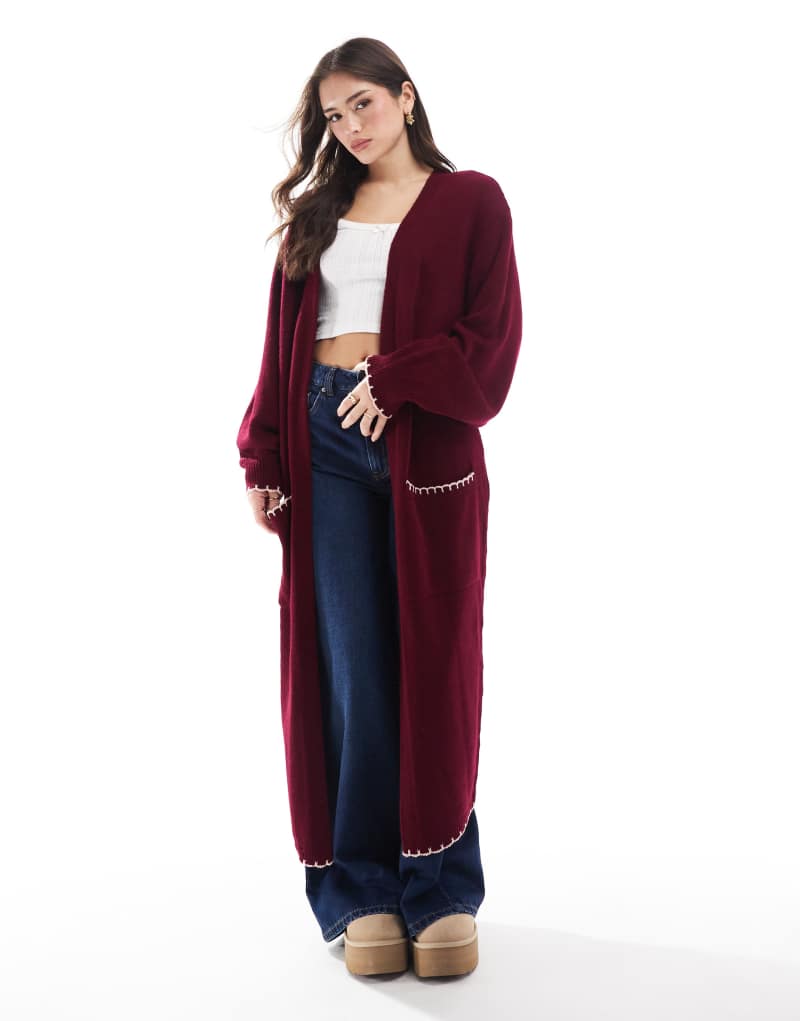 Miss Selfridge pink and burgundy contrast blanket stitch maxi cardigan Miss Selfridge