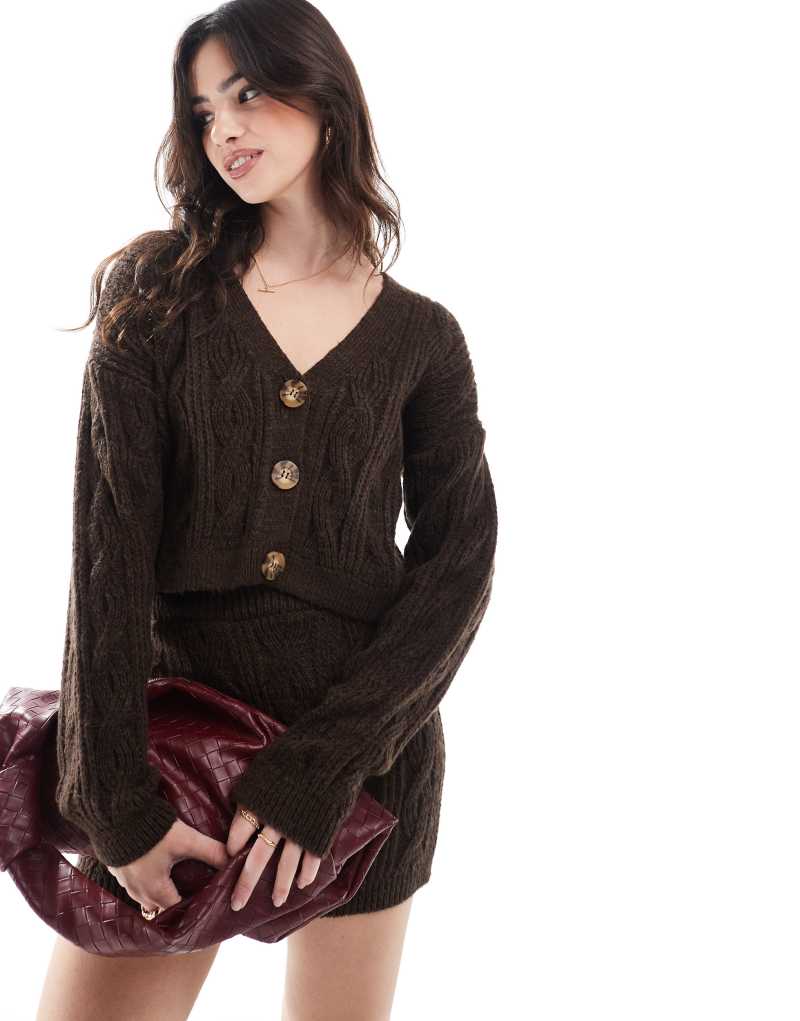 Miss Selfridge v neck relaxed fit cable knit cardigan in chocolate - part of a set Miss Selfridge