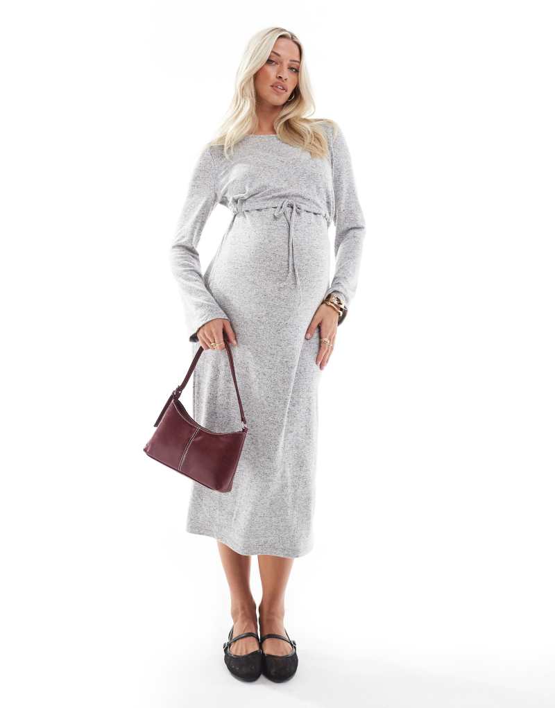 Mamalicious Maternity long sleeve nursing midi dress in light gray melange MAMALICIOUS