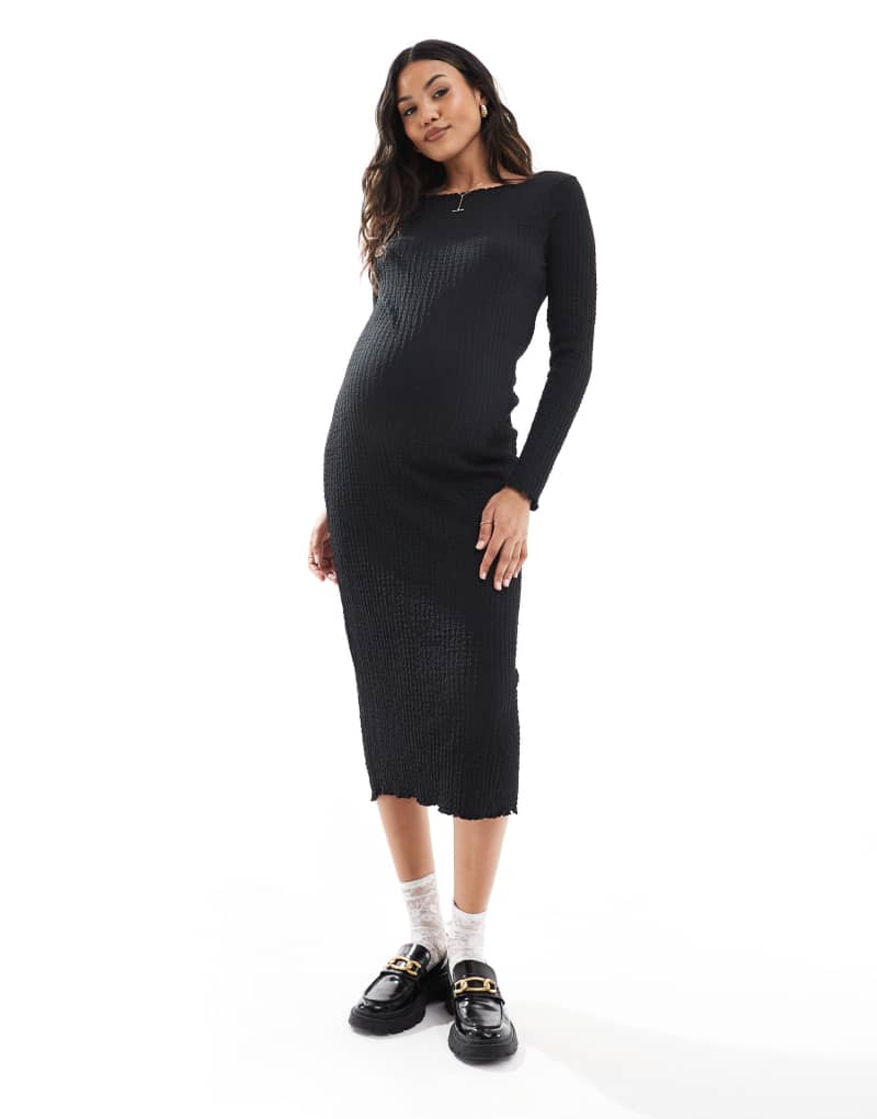 Mamalicious Maternity textured boat neck midi dress in black MAMALICIOUS