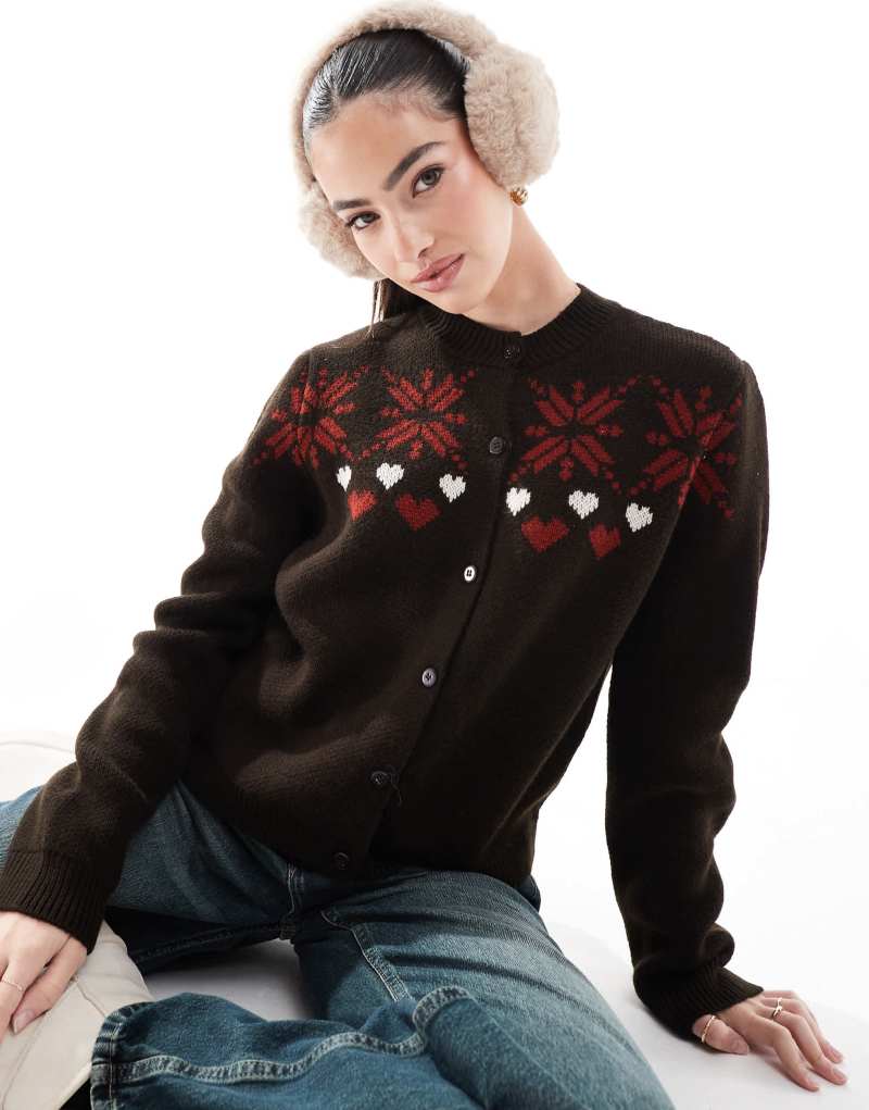 Miss Selfridge jacquard snowflake heart knitted cardigan in chocolate - part of a set Miss Selfridge