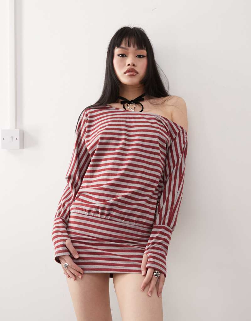 Motel Zylina slouchy stripe mini dress in burgundy gray Motel