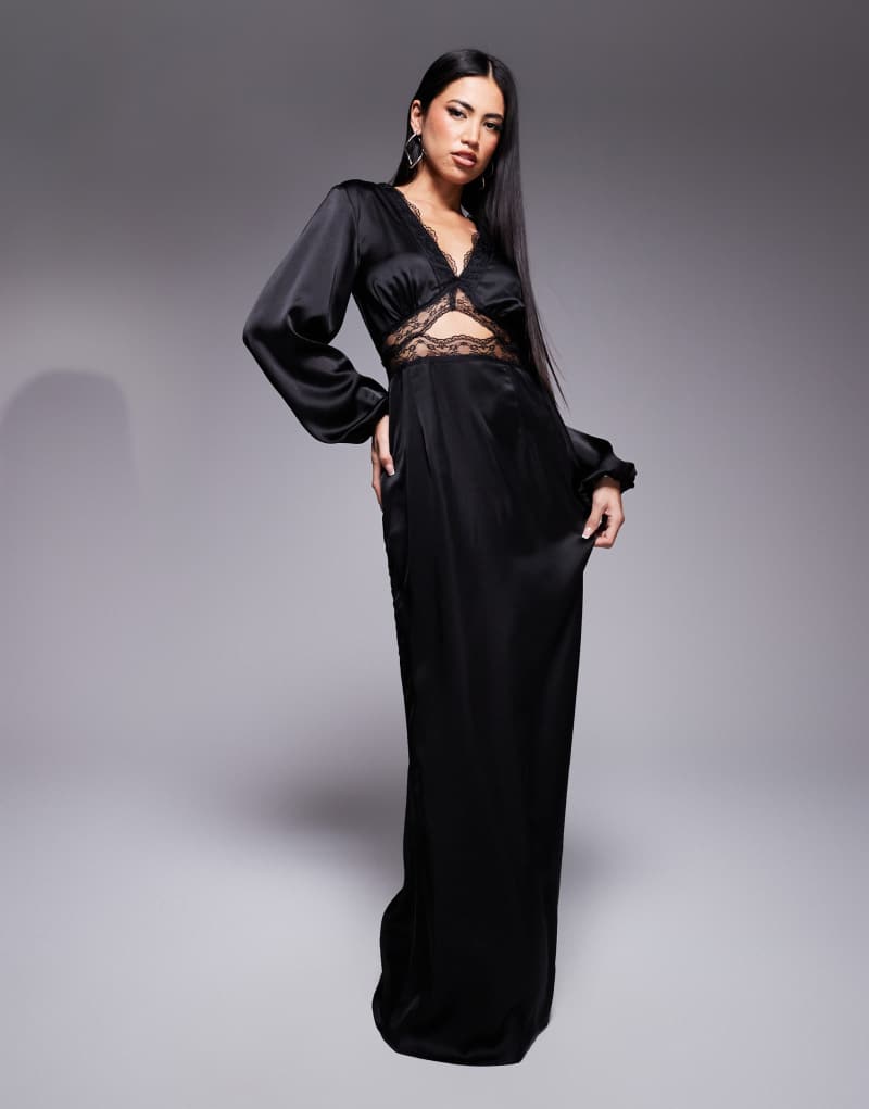 Never Fully Dressed Mimi long sleeve lace cut-out slip maxi dress in black NEVER FULLY DRESSED