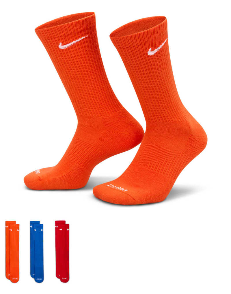 Nike Training Everyday Plus Cushioned 3 pack crew sock in orange, blue and red Nike